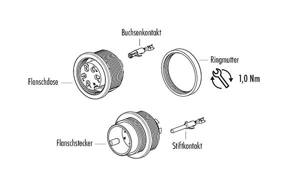 Einzelteildarstellung M16 Flanschdose, Polzahl: 8 (08-a), ungeschirmt, crimpen (Crimpkontakte müssen separat bestellt werden), IP68, UL 2238, AISG konform, M18x0,75, Frontmontage