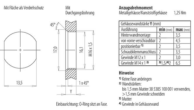 Montageanleitung / Montageausschnitt M12 Flanschdose, Polzahl: 8, schirmbar, THT, IP67, UL, M16x1,5, Rückwandmontage