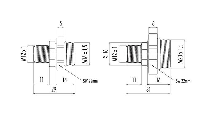 Schaaltekening 09 0439 397 04 - M12 Male panel mount connector, aantal polen: 4, onafgeschermd, soldeer, IP67, M20x1,5