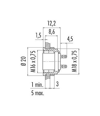 Schaaltekening 09 0320 00 05 - M16 Female panel mount connector, aantal polen: 5 (05-b), onafgeschermd, soldeer, IP40