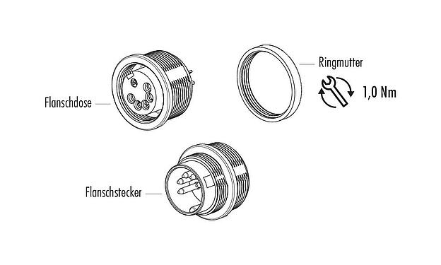 Einzelteildarstellung M16 Flanschdose, Polzahl: 16, ungeschirmt, löten, IP40, M18x0,75, Frontmontage