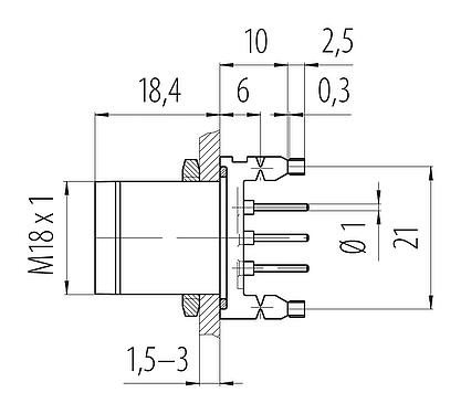 Maßzeichnung M18 Flanschstecker, Polzahl: 4, ungeschirmt, THT, IP67, M18x1,0, Rückwandmontage