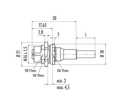 Dibujo a escala M12 Toma de brida, Número de contactos: 8, blindado, con cables ensamblado, IP67, UL, M16x1,5, Ethernet, PUR, verde, 4 x 2 x AWG 26/7, Montaje en pared, 0,5 m