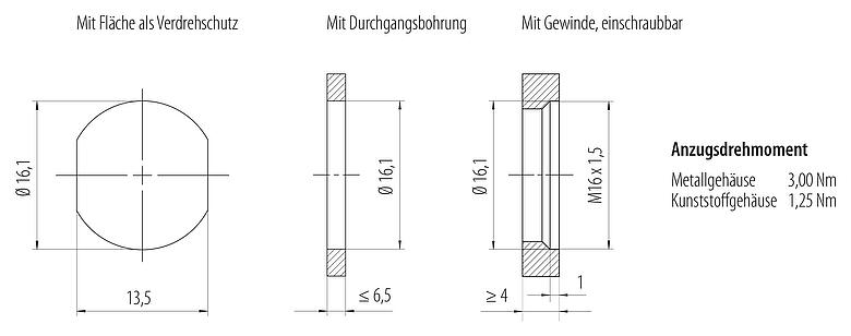 Montageanleitung / Montageausschnitt M12 Flanschdose, Polzahl: 4+FE, ungeschirmt, THR, IP67, UL 2238, M16x1,5, Rückwandmontage