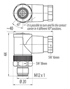 Scale drawing M12 Male angled connector, Contacts: 5, 6.0-8.0 mm, unshielded, screw clamp, IP67, UL 2238
