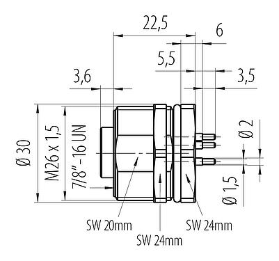 Desenho da escala 7/8" Soquete de flange, Contatos: 4+PE, desprotegido, THT, IP68, UL 2238, VDE, Montagem no painel traseiro
