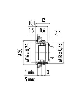 Schaaltekening M16 Female panel mount connector, aantal polen: 24, onafgeschermd, soldeer, IP67, UL 2238, M18x0,75, Frontaansluiting
