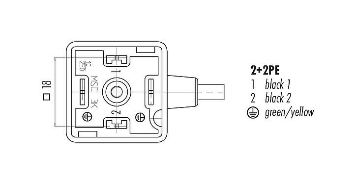 Contact arrangement (Plug-in side) Female solenoid valve connector, Contacts: 2+2PE, unshielded, moulded on the cable, IP67, PUR, black, Circuit Z20, with LED PNP, 3 m