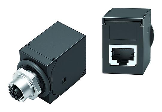 Illustration M12 Lead-through for control cabinet, female connector - RJ45 straight, Contacts: 8, shielded, pluggable, IP67, UL, Rear mounting