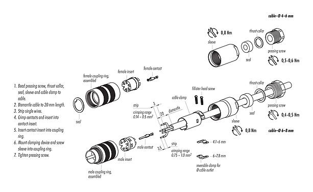 Montagehandleiding M16 Kabelstekker, aantal polen: 4 (04-a), 4,0-6,0 mm, schermbaar, krimpen (krimpcontacten dienen afzonderlijk te worden besteld), IP67, UL 2238