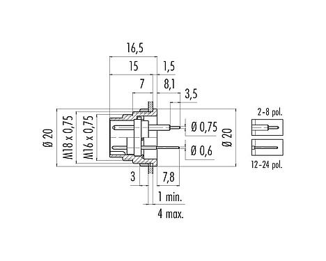 Scale drawing 09 0311 90 04 - M16 Male panel mount connector, Contacts: 4 (04-a), unshielded, THT, IP40, front fastened
