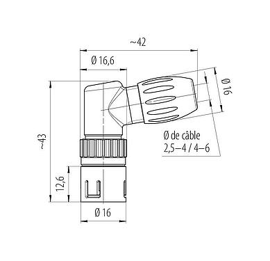 Dessin coté Snap-In Connecteur mâle coudé, Contacts: 5, 2,5-4,0 mm, non blindé, souder, IP67