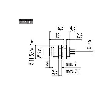Scale drawing M8 Male panel mount connector, Contacts: 4, unshielded, THT, IP67, UL 2238, M8x1.0, Rear mounting