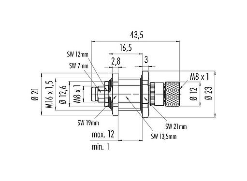 Desenho da escala M8 Passagem para cabine de controle, Contatos: 4, blindado, plugáveis, IP67, M8x1,0, Montagem no painel traseiro