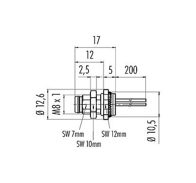 Scale drawing M8 Male panel mount connector, Contacts: 4, unshielded, single wires, IP67, UL 2238, M8x1.0, Rear mounting
