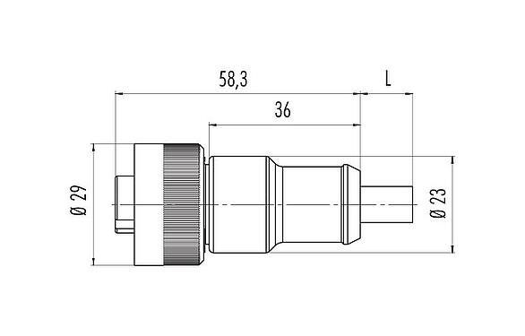 Dibujo a escala RD24 Conector de cable hembra, Número de contactos: 3+PE, sin blindaje, moldeado en el cable, IP67, PVC, negro, 4 x 1,50 mm², 2 m