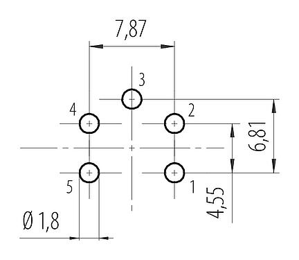 Layout dos condutores 7/8" Soquete de flange, Contatos: 4+PE, desprotegido, THT, IP68, UL 2238, VDE, Montagem no painel traseiro