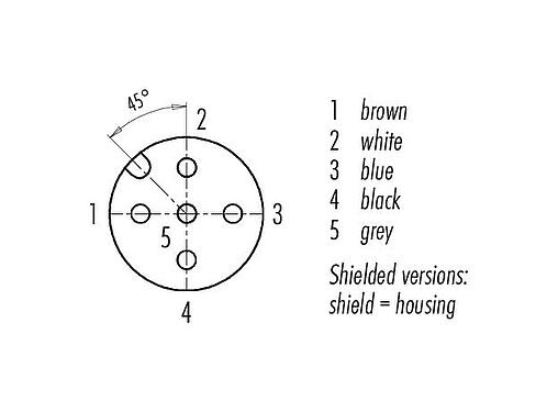Contact arrangement (Plug-in side) 70 3442 785 05 - M12 Female panel mount connector, Contacts: 5, 5.3 mm, shielded, with cable assembled, IP68, M16x1.5, PUR, 5 x 0.25 mm², 0.5 m