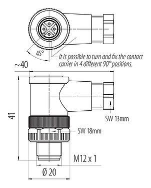Dibujo a escala M12 Conector macho en ángulo, Número de contactos: 4, 4,0-6,0 mm, sin blindaje, tornillo extraíble, IP67, UL 2238