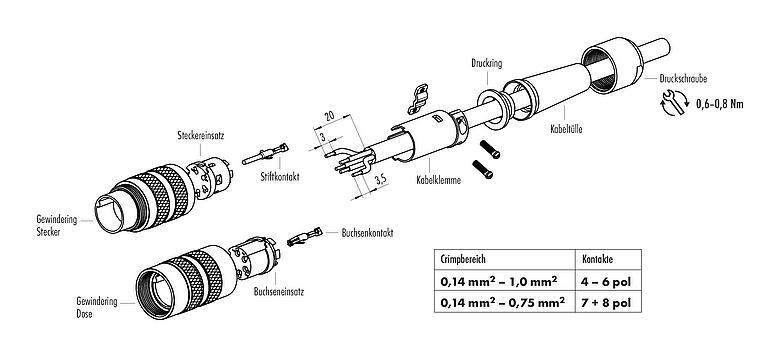 Montageanleitung M16 Kabelstecker, Polzahl: 6 (06-a), 6,0-8,0 mm, schirmbar, crimpen (Crimpkontakte müssen separat bestellt werden), IP40