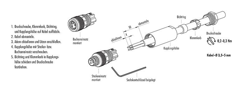Montageanleitung M8 Kabelstecker, Polzahl: 4, 3,5-5,0 mm, ungeschirmt, schraubklemm, IP67, UL 2238