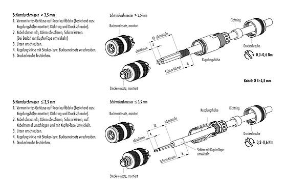 Montageanleitung M8 Kabeldose, Polzahl: 3, 4,0-5,5 mm, schirmbar, schraubklemm, IP67, UL 2238, Irisfeder