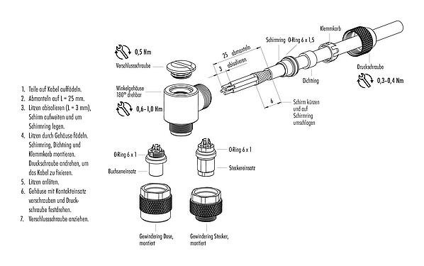 Montageanleitung M9 Winkeldose, Polzahl: 8, 3,5-5,0 mm, schirmbar, löten, IP67