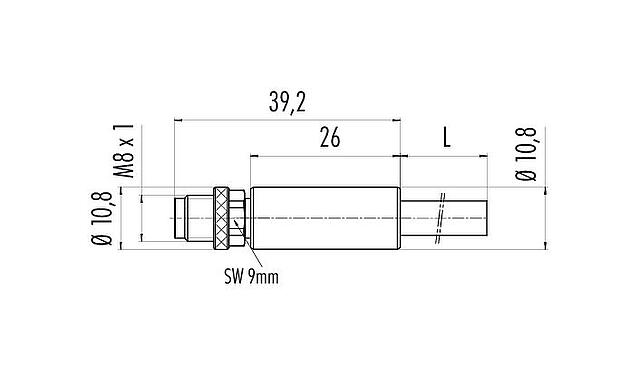 Dibujo a escala M8 Conector de cable macho, Número de contactos: 6, blindado, moldeado en el cable, IP67, UL 2238, PUR, negro, 6 x 0,25 mm², 2 m