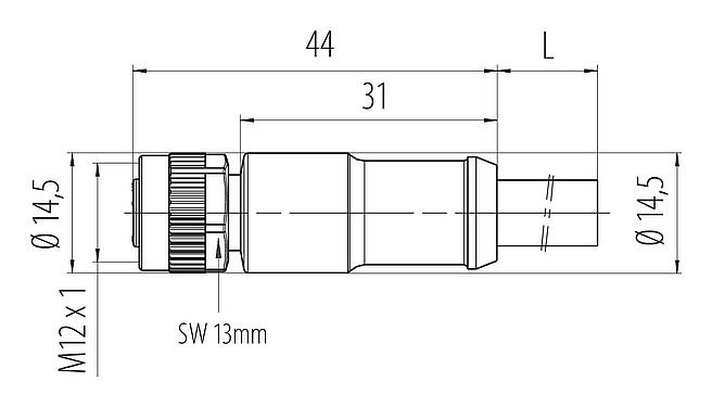 Dessin coté M12 Connecteur femelle, Contacts: 3+PE, non blindé, surmoulé sur le câble, IP68, UL 2238, PUR, noir, 4 x 1,50 mm², 5 m