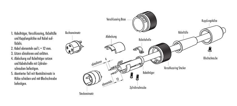 Montageanleitung Bajonett Kabelstecker, Polzahl: 5, 3,0-6,0 mm, ungeschirmt, löten, IP40