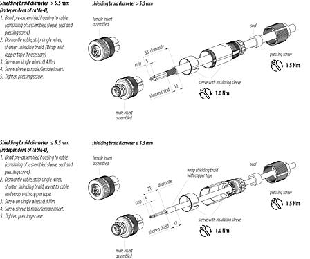 Instrucción de montaje M12 Conector de cable macho, Número de contactos: 4, 5,0-8,0 mm, blindable, tornillo extraíble, IP67, UL 2238, Pluma de iris