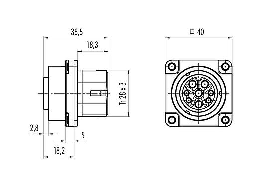 Scale drawing Bayonet Female panel mount connector, Contacts: 4+3+PE, unshielded, crimping (Crimp contacts must be ordered separately), IP68/IP69K, UL 2238, VDE, Front mounting, UV resistant