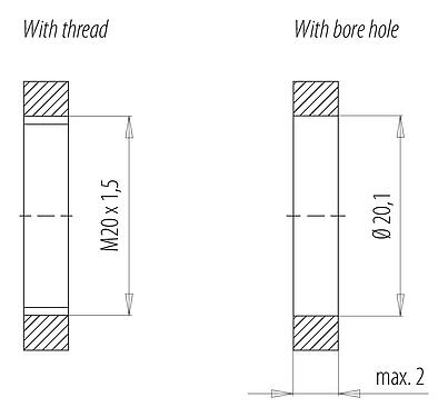 Montagevoorbeeld 09 6122 150 06 - Bajonet Female panel mount connector, aantal polen: 6 (3+PE+2), schermbaar, draden, IP66/IP67, M20x1,5