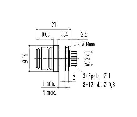 Scale drawing Snap-In Female panel mount connector, Contacts: 5, unshielded, THT, IP67, VDE, M12x1.0, Front mounting