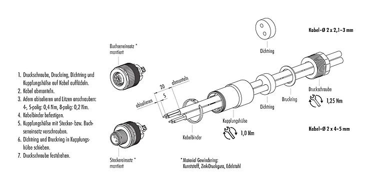 Montageanleitung M12 Duo-Kabeldose, Polzahl: 4, 2.1-3.0 mm (2 Kabel) oder 4-5 mm (2 Kabel), ungeschirmt, schraubklemm, IP67, UL 2238