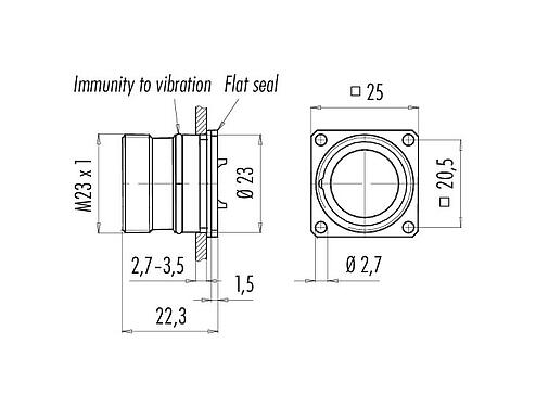 Scale drawing 99 4607 80 12 - M23 Square male panel mount connector, Contacts: 12, unshielded, solder, IP67, back mounting