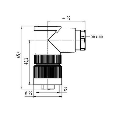 Scale drawing RD24 Female angled connector, Contacts: 6+PE, 10.0-12.0 mm, unshielded, crimping (Crimp contacts must be ordered separately), IP67, PG 13.5
