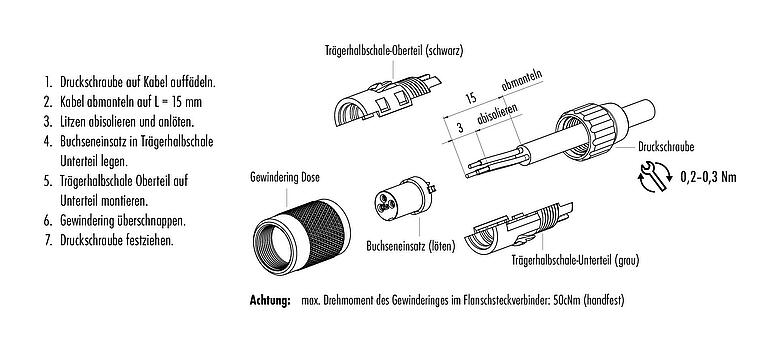 Montageanleitung M9 Kabeldose, Polzahl: 4, 3,0-4,0 mm, ungeschirmt, löten, IP40