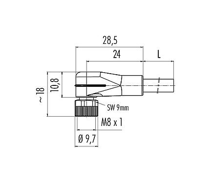 Scale drawing 77 3408 0000 50006-0200 - M8 Female angled connector, Contacts: 6, unshielded, moulded on the cable, IP67, UL, PUR, black, 6 x 0.25 mm², 2 m