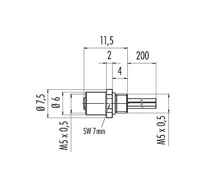 Scale drawing M5 Female panel mount connector, Contacts: 3, unshielded, single wires, IP67, M5x0.5, Front mounting