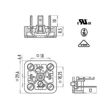 Dibujo a escala Conector de alimentación macho, Número de contactos: 3+PE, sin blindaje, soldadura, IP40 sin junta, UL, ESTI+, VDE