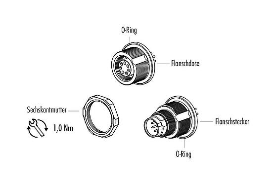 Einzelteildarstellung 09 0403 90 02 - M9 Flanschstecker, Polzahl: 2, ungeschirmt, THT, IP67, von vorne verschraubbar