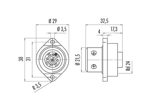Dibujo a escala RD24 Toma de brida, Número de contactos: 3+PE, sin blindaje, tornillo extraíble, IP67, UL, ESTI+, VDE, Montaje frontal