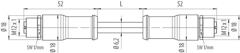 Maßzeichnung 77 4506 4506 90708-1000 - M12/M12 Verbindungsleitung 2 Kabeldosen, Polzahl: 8, geschirmt, am Kabel angespritzt, IP67, M12x1,0, E-beam X-FRNCL/LSNH, blau, 10 m