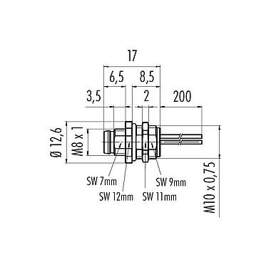 Scale drawing M8 Male panel mount connector, Contacts: 5, unshielded, single wires, IP67, UL 2238, M10x0.75, Rear mounting