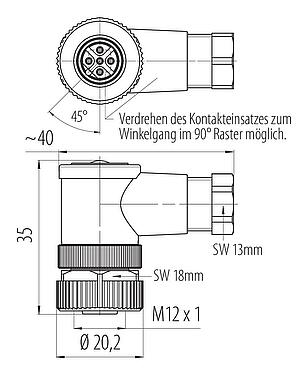 Maßzeichnung M12 Winkeldose, Polzahl: 5, 4,0-6,0 mm, ungeschirmt, schraubklemm, IP67, UL 2238