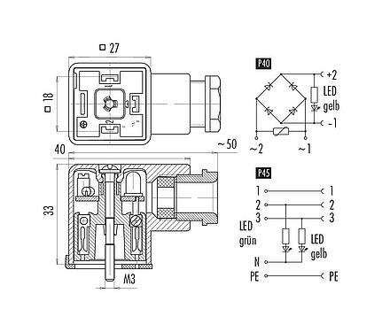 Pin assignment plans Female power connector, Contacts: 3+PE, 8.0-10.0 mm, unshielded, screw clamp, IP40 without seal, PG 11, Circuit P45, with LED PNP