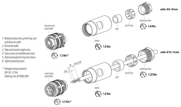 Istruzioni di montaggio 7/8" Connettore cavo femmina, Numero poli: 4+PE, 12,0-14,0 mm, non schermato, morsetto a vite, IP67, UL 2238, VDE