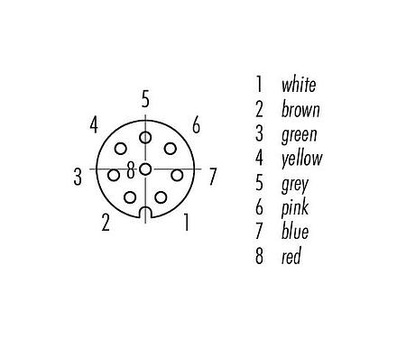 Pólus ábra (csatlakozó oldal) M8 panelre szerelhető foglalat, : 8, árnyékolatlan, sodrott vezeték, IP67, UL 2238, M10x0,75, elülső rögzítés