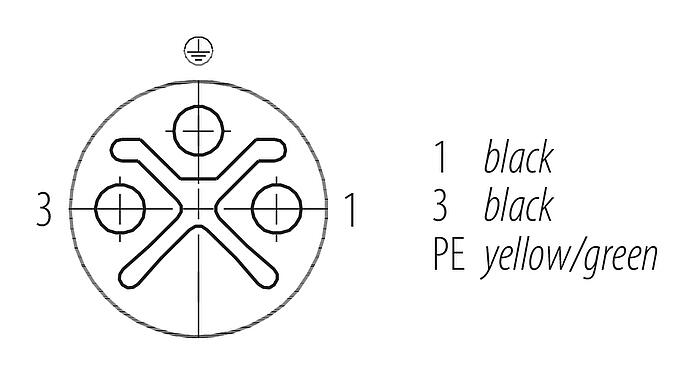 Disposition des contacts (Côté plug-in) M12 Connecteur femelle, Contacts: 2+PE, non blindé, surmoulé sur le câble, IP68, UL 2238, PUR, noir, 3 x 1,50 mm², 5 m